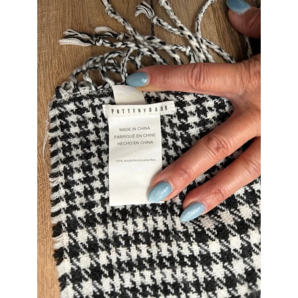 Pottery Barn Reversible Plaid Throw Blanket Fringe Black White Tan 50x60